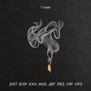 Puede incluir: Un diseño de bordado digital de una pluma de humo estilizada que se eleva desde una cerilla encendida. El diseño está disponible en 7 tamaños y en los siguientes formatos: .DST, .EXP, .XXX, .HUS, .JEF, .PES, .VIP, .VP3.