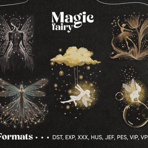Può includere: Un set di disegni di ricamo digitale che presenta cinque diversi disegni di fate. I disegni includono una fata con le ali, una fata con un fiore, una fata con una nuvola, una fata con una libellula e una fata con una bolla. I disegni sono in uno schema di colori bianco e nero con accenti dorati. Il testo "Magic fairy" e "Formats... DST, EXP, XXX, HUS, JEF, PES, VIP, VP3" è incluso nell'immagine.