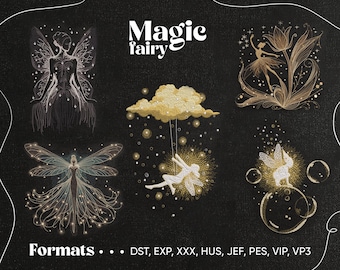 Charming Set Of Magic Fairy Embroidery Pattern, Dainty Fairy With Wings Machine Embroidery Design, Unique SET of 5 Shiny Embroidery Pattern