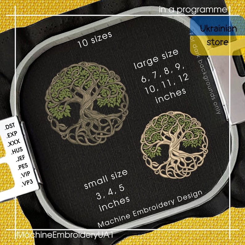 May include: A machine embroidery design of a green tree with intricate roots and branches. The design is available in 10 sizes, ranging from 3 to 12 inches. The design is suitable for dark backgrounds only.