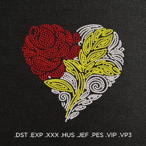 May include: A heart-shaped design made of red, white, and yellow beads, depicting a rose with leaves. The design is on a black fabric background.