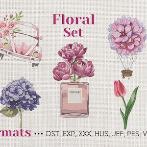 Set Of 5 Floral Machine Embroidery Patterns, Cute Flowers Embroidery Design, Tulip Embroidery, Floral Air Ball Digital Embroidery Pattern