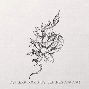 Peonies and snake Machine Embroidery Design - Flolar snake Embroidery Files - 9 Sizes - Instant Download