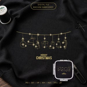 Cute Gold Christmas Garland Machine Embroidery Design, Winter Ornaments Digitized Stitch File for Small Business, Xmas Pattern PES DST