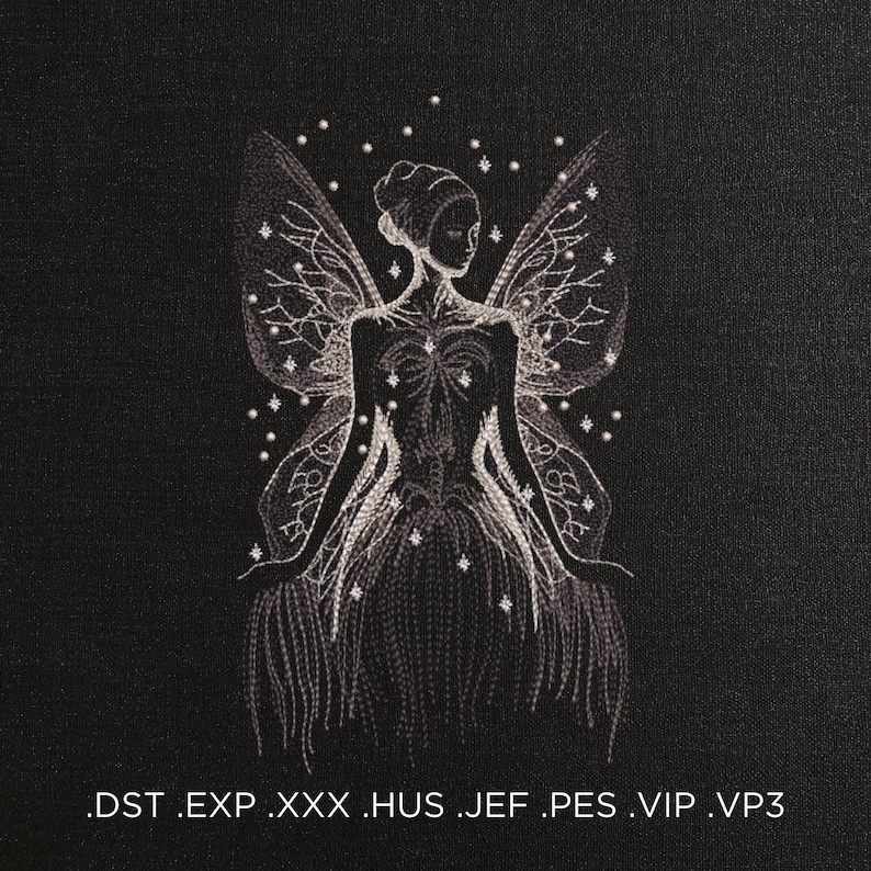May include: A white embroidered design of a fairy with wings and a flowing dress on a black background. The fairy is surrounded by small white dots.