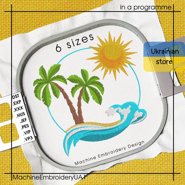 Tropical Island Machine Embroidery Design - Holiday Embroidery Files - Palm Trees Download Embroidery - 6 Sizes - Instant Download