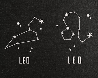 Puede incluir: Un fondo negro con dos contornos blancos de la constelación de Leo. La palabra "LEO" está escrita debajo de cada constelación.