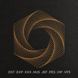 May include: A gold geometric design in the shape of a hexagon with a swirling pattern on a black background. The design is made up of thin lines that create a sense of movement and depth. The text .DST .EXP .XXX .HUS .JEF .PES .VIP .VP3 is printed below the design.