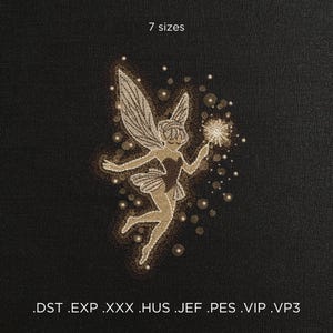 May include: A gold glitter fairy with wings and a wand, surrounded by sparkling stars. The image includes the text "7 sizes" and ".DST .EXP .XXX .HUS .JEF .PES .VIP .VP3".