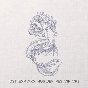May include: A line drawing of a mermaid with long flowing hair, holding a seashell in her hand. The mermaid is curled up in a sitting position with her tail wrapped around her.