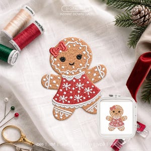 Motif de broderie machine représentant une adorable petite fille en pain d'épice, fichier de broderie pour biscuits de Noël, idéal pour les petites entreprises, format PES et DST.