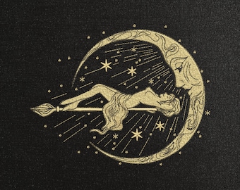 Witch On The Moon Machine Embroidery Pattern, Woman On a Broomstick Embroidery Design, Celestial Embroidery Files, Magic Embroidery Design