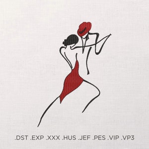 May include: A black and white line drawing of a couple dancing. The woman is wearing a red dress and the man is wearing a hat. The drawing is on a white background.