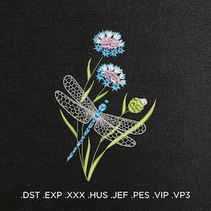 Dragonfly on a flower Machine Embroidery Design - Dragonfly Embroidery Files - 7 sizes - Instant Download