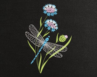 Dragonfly on a flower Machine Embroidery Design - Dragonfly Embroidery Files - 7 sizes - Instant Download