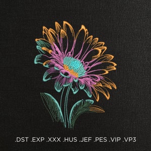 以下が含まれることがあります： 黒い背景に、オレンジ、ピンク、ティール色の刺繍の花のデザイン。 花は詳細なステッチで、ティール色の中心とオレンジとピンクの花びらがあります。 画像には、下部にファイル形式の拡張子が含まれています。