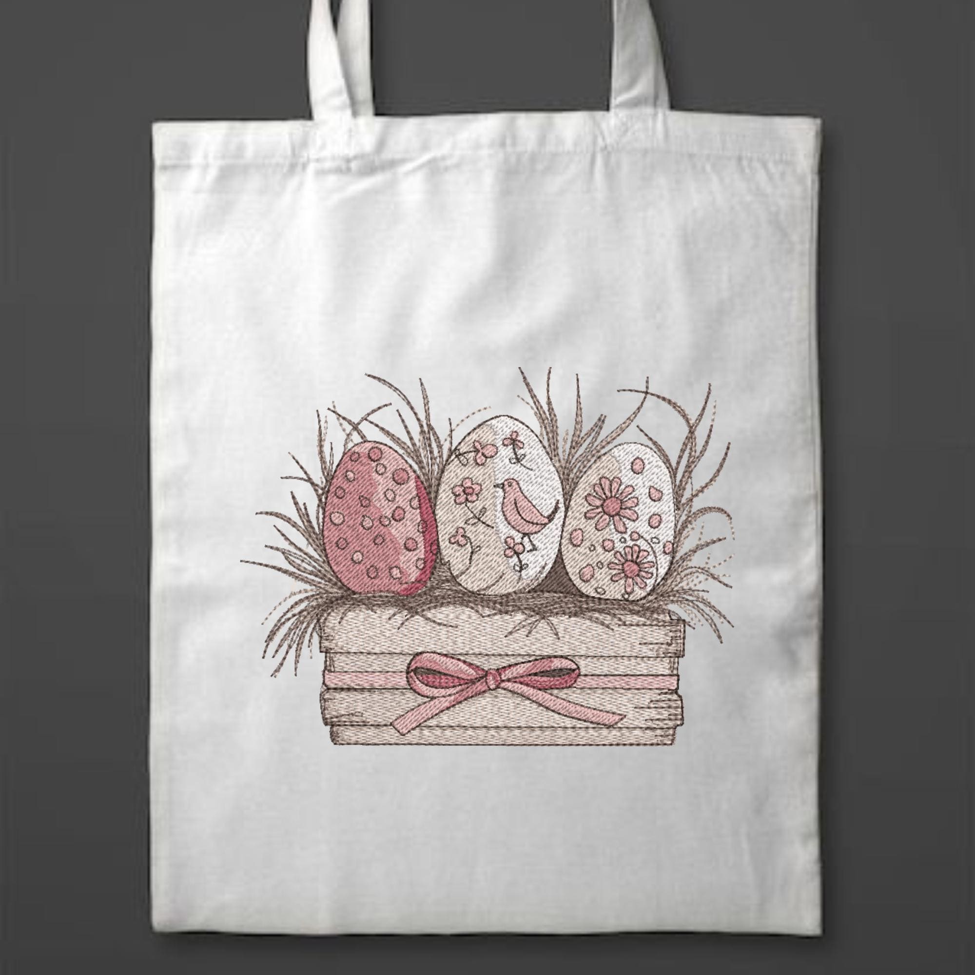 Easter Eggs Embroidery Design, Vintage Basket With Decorated Eggs ...