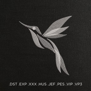 Peut inclure: Une silhouette de colibri blanche brodée sur un fond de tissu noir. Le texte '.DST .EXP .XXX .HUS .JEF .PES .VIP .VP3' est imprimé sous le colibri.