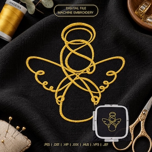 May include: A digital machine embroidery file featuring a continuous line art design of an angel in bright yellow thread stitched onto black fabric. The design includes a halo, wings, and a body outline. Text reads DIGITAL FILE MACHINE EMBROIDERY.