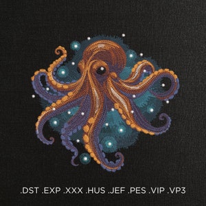 Puede incluir: Dise&ntilde;o bordado de un pulpo naranja y morado con detalles blancos perlados sobre un fondo negro. El pulpo est&aacute; rodeado de un patr&oacute;n de remolino azul turquesa.