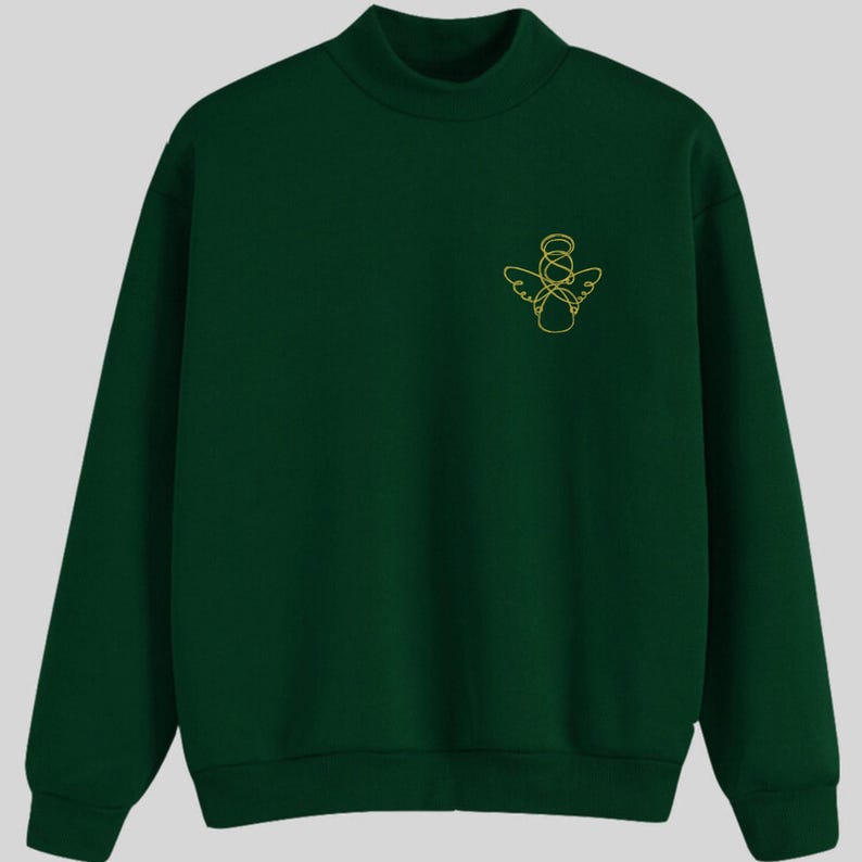 May include: A dark green sweatshirt with a gold angel outline design on the front.