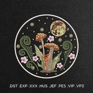 Fly agaric and Moon in the Hoop on dark background machine embroidery design - Mushrooms embroidery files - 9 sizes - Instant download