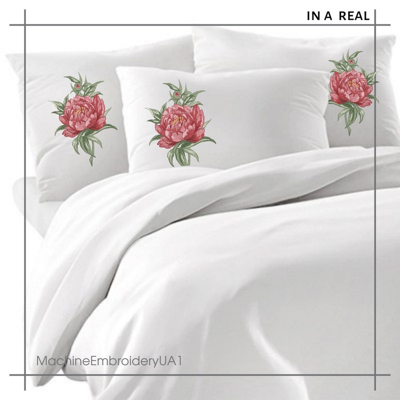 May include: Three white pillowcases with embroidered pink peonies on each. The pillowcases are on a white bedspread. The text "IN A REAL" is in the upper right corner of the image. The text "MachineEmbroideryUA1" is in the lower left corner of the image.
