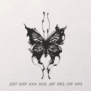 Puede incluir: Ilustración de una mariposa en blanco y negro con detalles intrincados. La mariposa está estilizada con un diseño fluido y parece estar pintada con tinta.