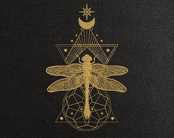 Golden Dragonfly Machine Embroidery Pattern, Mystical Crescent Moon & Star Design, Geometric Embroidery, Celestial Embroidery For T-Shirt