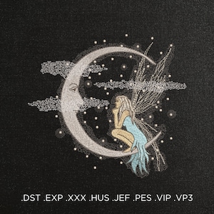 May include: A white crescent moon with a fairy sitting on it. The fairy has long blonde hair, blue wings, and is wearing a light blue dress. The moon is surrounded by white stars and clouds.