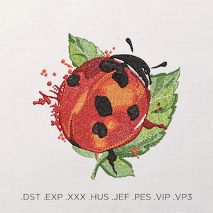 May include: Embroidered design of a red ladybug with black spots on green leaves with red paint splatters. The design is suitable for embroidery projects.