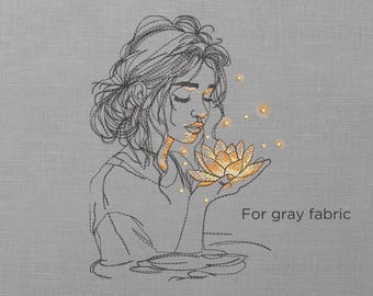 Shiny Lily & Girl Outline Machine Embroidery Pattern, Light Effect Embroidery Design, Minimalistic Girl and Lotus Digital Embroidery File