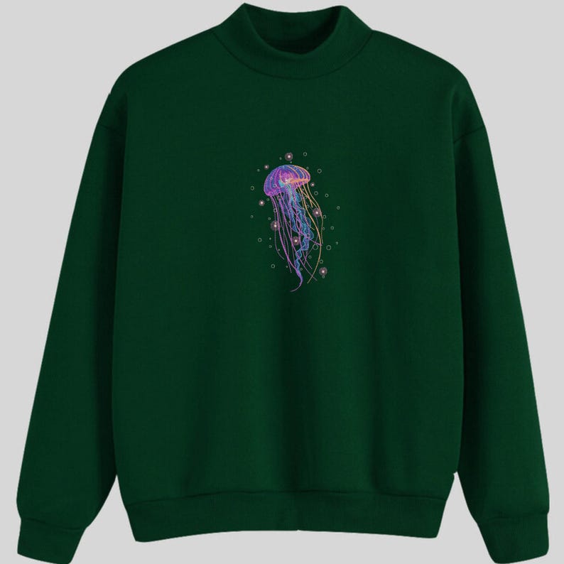 May include: A dark green sweatshirt with a colorful jellyfish graphic on the front.