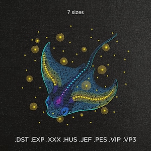 May include: An embroidered design of a manta ray in blue and yellow, set against a starry background. The design is available in 7 sizes and in the following formats: .DST, .EXP, .XXX, .HUS, .JEF, .PES, .VIP, .VP3.