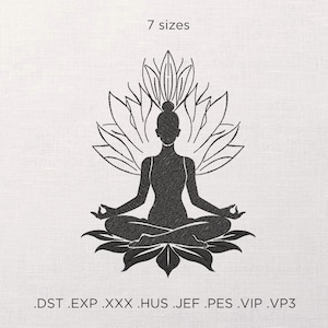 May include: Black and white silhouette of a person sitting in a lotus position with a lotus flower behind them. The image includes the text "7 sizes" and ".DST .EXP .XXX .HUS .JEF .PES .VIP .VP3".