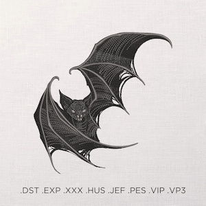 May include: Black and white embroidered design of a bat with its wings spread wide. The bat has a menacing expression with sharp teeth. The design is suitable for embroidery projects.