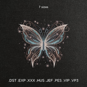 Puede incluir: Un delicado y complejo diseño de bordado de mariposa con líneas en espiral y una combinación de colores azul claro y marrón. El diseño está sobre un fondo negro e incluye el texto "7 tamaños" y ".DST .EXP .XXX .HUS .JEF .PES .VIP .VP3".