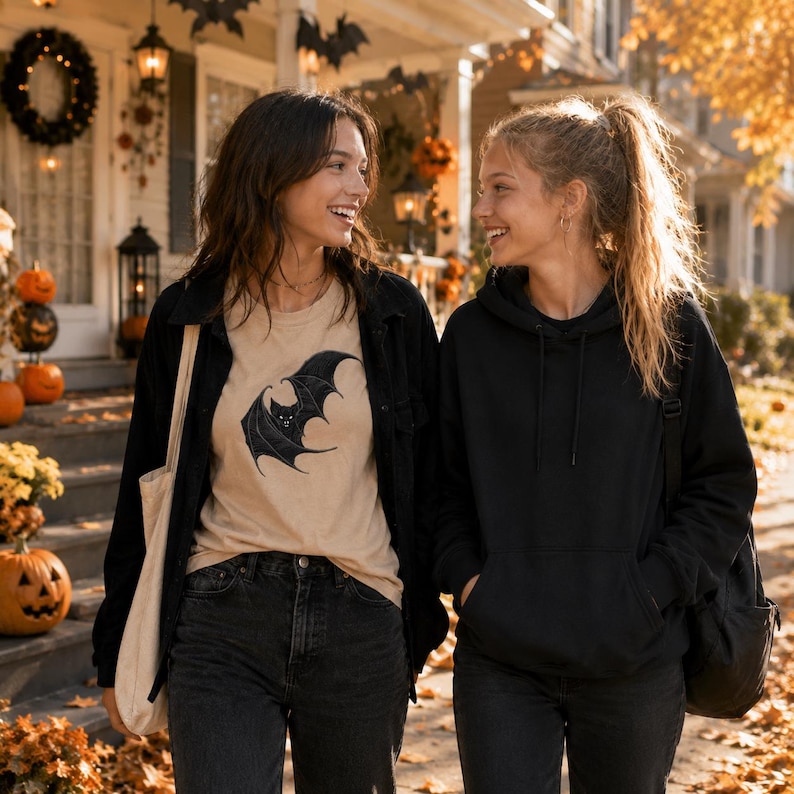 May include: A beige t-shirt featuring a black bat graphic, worn under a black button-down shirt with black jeans and a beige tote bag, alongside a black hooded sweatshirt with a black backpack, both styled for a casual autumn aesthetic.