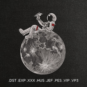May include: An astronaut in a white spacesuit sits on a gray and white moon with a paper airplane in hand. The astronaut is wearing a red patch on their suit. The text '.DST.EXP.XXX.HUS.JEF.PES.VIP.VP3' is at the bottom of the image.