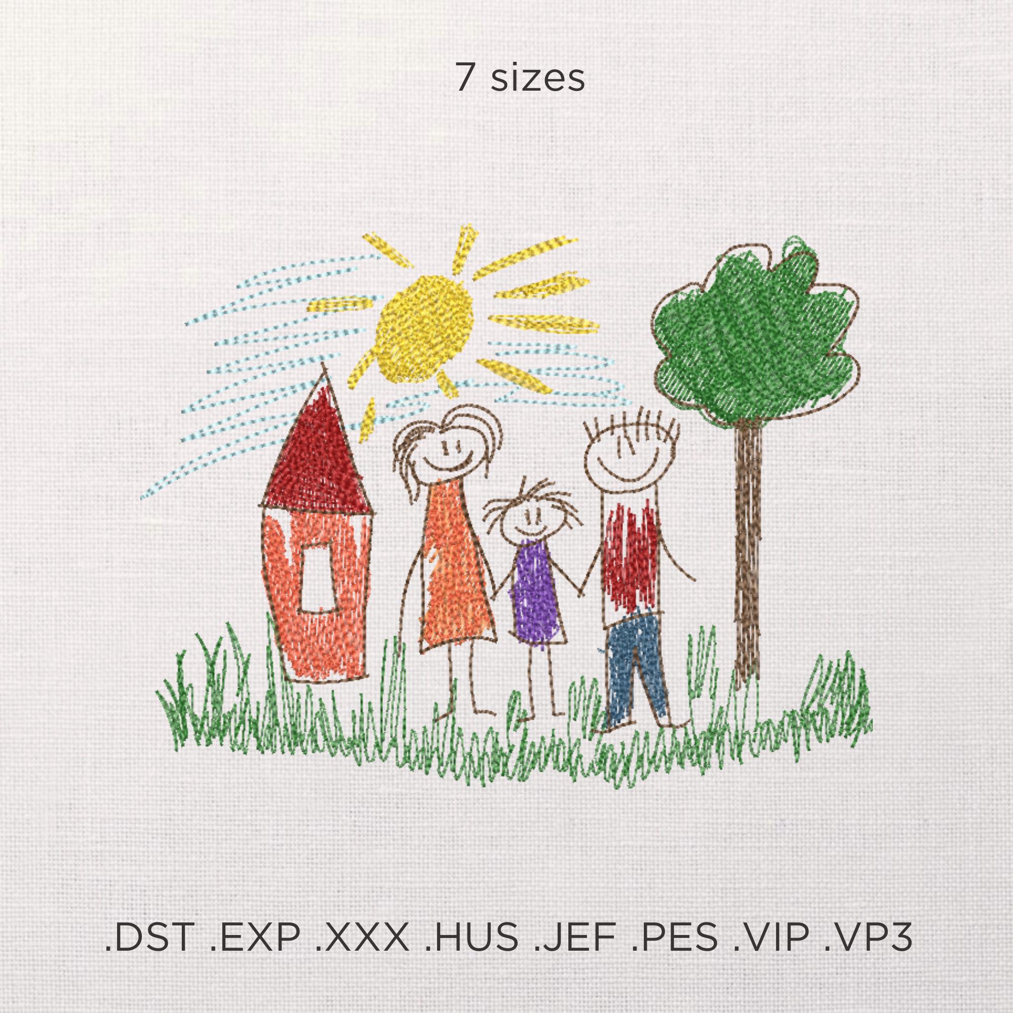 Happy Family Machine Embroidery Design, Child's Drawing Style Embroidery File, Parents Pattern, Mom Dad and Child Pattern, Mother's Day Gift