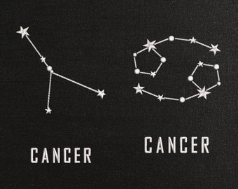 Puede incluir: Un fondo negro con dos constelaciones blancas, Cáncer, con el texto "CANCER" debajo de cada una. El texto ".DST .EXP .XXX .HUS .JEF .PES .VIP .VP3" está en la parte inferior de la imagen.