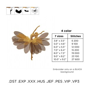 May include: An embroidered design of a ballerina in a gold-colored dress with petal-like layers. The image includes a chart with sizes ranging from 3.8" x 3.5" to 10.0" x 9.2", and the text "4 color". The design is intended for embroidery on a black background.