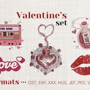 Può includere: Un set di disegni da ricamo a tema San Valentino che include una cassetta con il testo "Lover Babe", un cuore con una bottiglia di pozione d'amore, un cuore con la parola "Love" e un paio di labbra. È incluso anche il testo "Valentine's set" e "Formats... DST, EXP, XXX, HUS, JEF, PES, VIP, VP3".