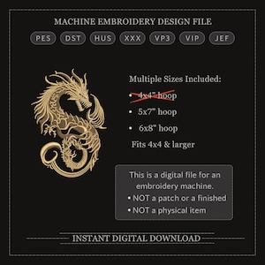 Chinese Dragon Embroidery Design, Gold Dragon Machine Embroidery File, Japanese Style Dragon, Fantasy Dragon Embroidery, Tattoo Dragon image 2