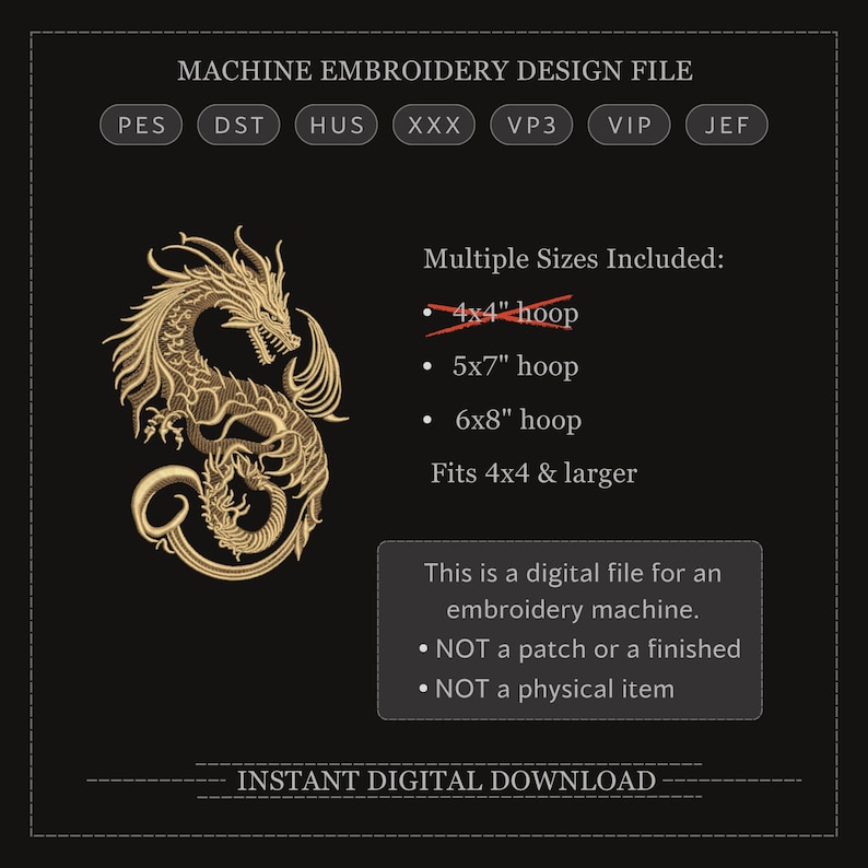 Chinese Dragon Embroidery Design, Gold Dragon Machine Embroidery File, Japanese Style Dragon, Fantasy Dragon Embroidery, Tattoo Dragon image 2