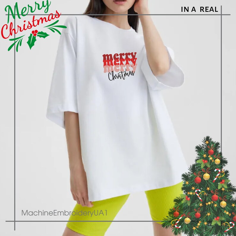May include: A white short-sleeved t-shirt featuring the text merry merry merry Christmas in stacked red, pink, and black lettering. The shirt is paired with bright lime green shorts and is decorated with a Christmas tree graphic.