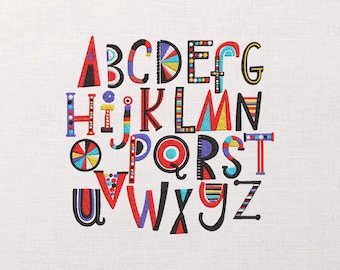 Colorful Kids Alphabet Machine Embroidery Pattern, Kids Font Embroidery For Baby Shower, All 26 Letters Embroidery, A-Z Initial Embroidery