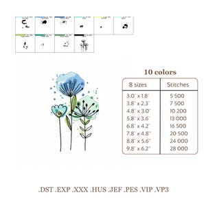May include: An embroidery design featuring three stylized flowers in shades of blue and green. The design includes a color chart and size details ranging from 3.0" x 1.8" to 9.8" x 6.2". The design is available in 10 colors.
