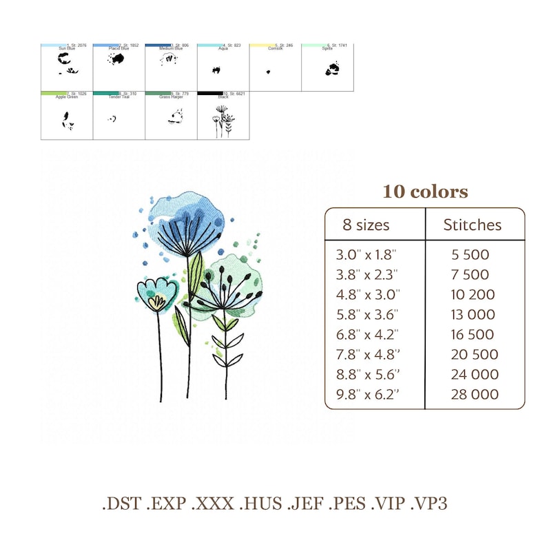 May include: An embroidery design featuring three stylized flowers in shades of blue and green. The design includes a color chart and size details ranging from 3.0" x 1.8" to 9.8" x 6.2". The design is available in 10 colors.