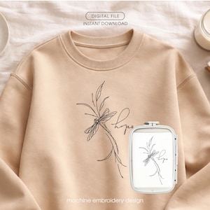 Motif de broderie libellule avec inscription « Espoir », fichier de broderie machine minimaliste, formats PES, DST et JEF, 7 tailles